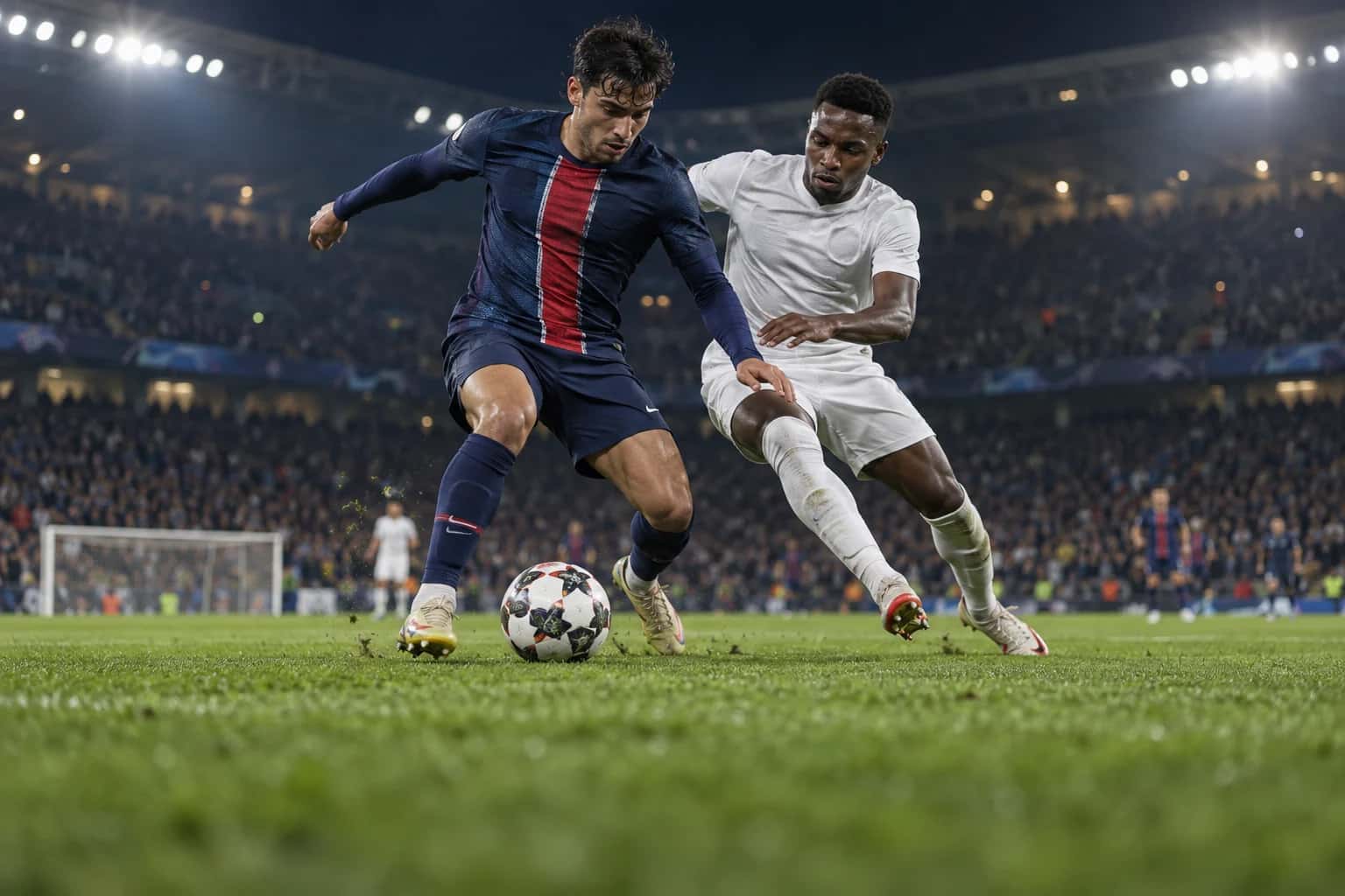 Deux footballeurs se disputant le ballon lors d’un match en nocturne