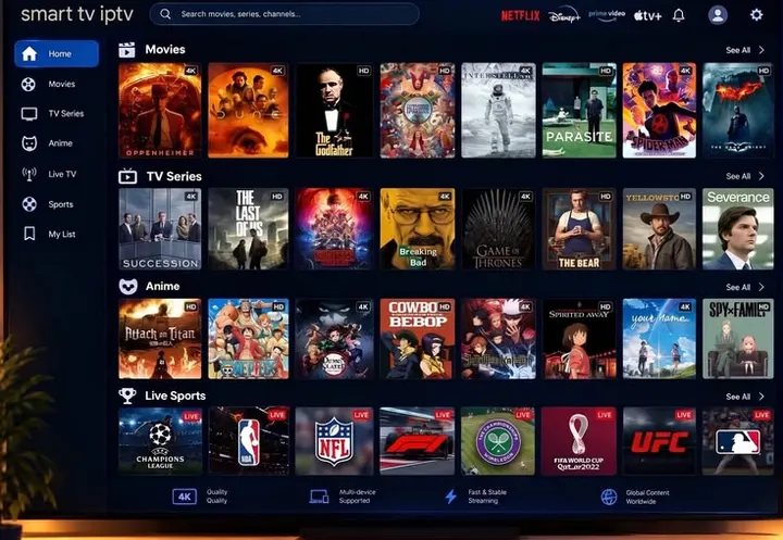 Interface IPTV sur une Smart TV avec films, séries et sport en direct